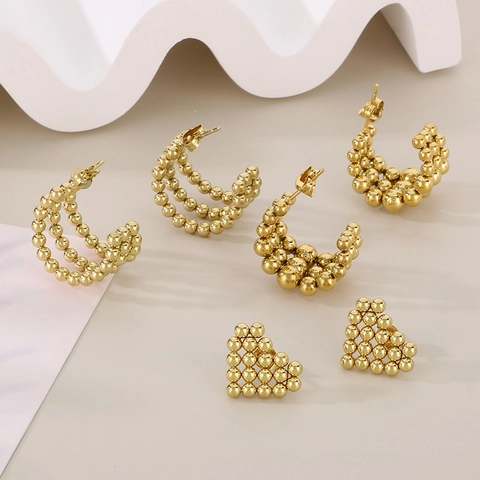 Stainless Steel Round Bead Earrings Geometric Heart Studs Minimalist C-Shaped Hoop Fashion Jewelry For Women