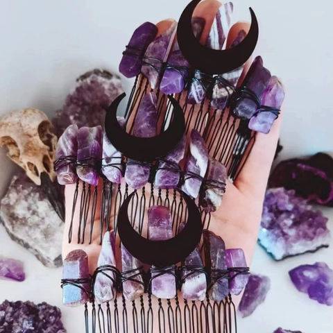Natural Crystal Hair Comb Crescent Moon Mystical Raw Stone Hand Wrapped Witchy Bohemian Wedding Bridal Accessory Headpiece