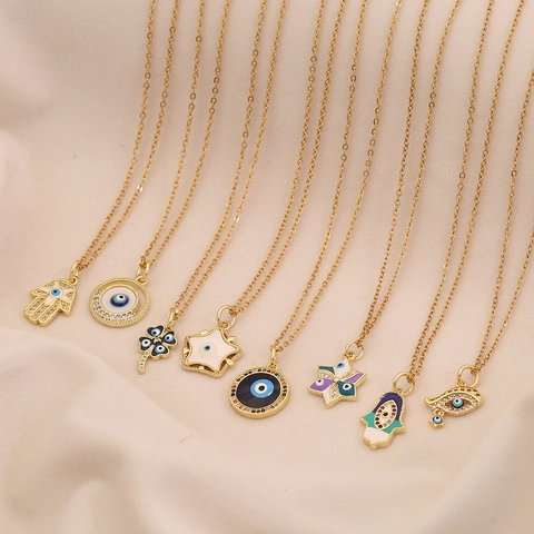 Evil Eye Hamsa Hand Anhänger Halskette Gold Vergoldet Edelstahl Kupfer Emaille Zirkonia Glück Schmuck Für Damen