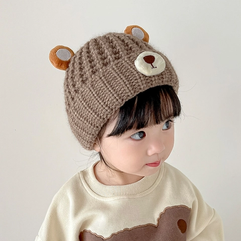 Baby Winter Strickmütze Süße Bärenohren Kleinkind Beanie Warme Acryl Totenkopf Kappe Tierdesign NYC Patch Für Säuglinge