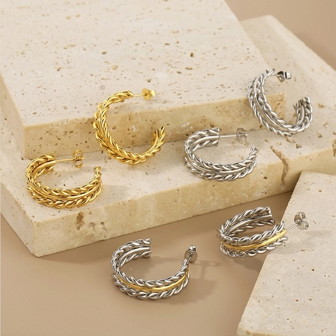 Retro Gedrehte Edelstahl C-Form Ohrringe Gevlochten Textur Geometrisches Spleißen Vergoldet Silber Damen Schmuck