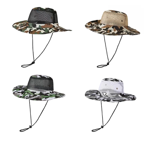Camouflage Boonie Bucket Hat Breiter Krempe Sonnenschutz Atmungsaktives Mesh Outdoor Angeln Wandern Polyester Verstellbar
