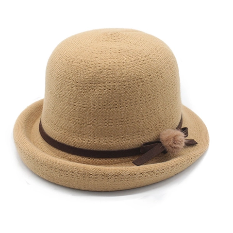 Sombrero Cloche De Punto Para Mujer Mezcla Viscosa Nylon Poliéster Retro Elegante Gorro Con Lazo De Cinta Y Pompón