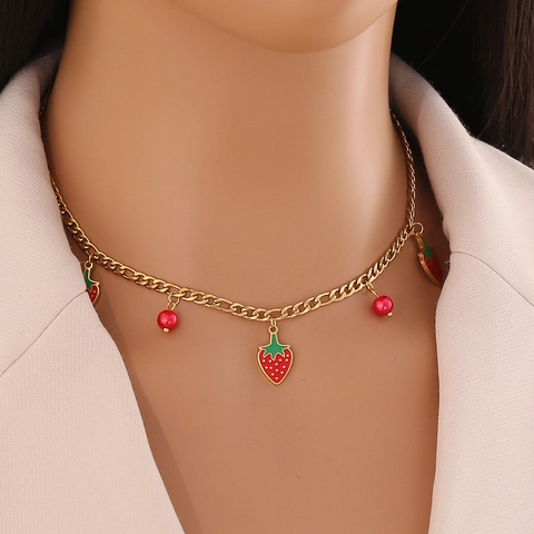 Collier Pendentif Fraise Mignon Et Bracelet En Acier Inoxydable Perles Rouges Mode Chaîne Clavicule Bijoux Cadeau Pour Femmes