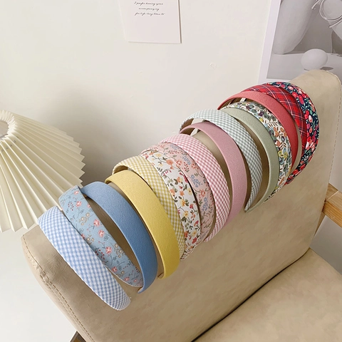 Retro Floral Plaid Fabric Headband Women Sweet French Style Solid Color Cloth Hair Hoop