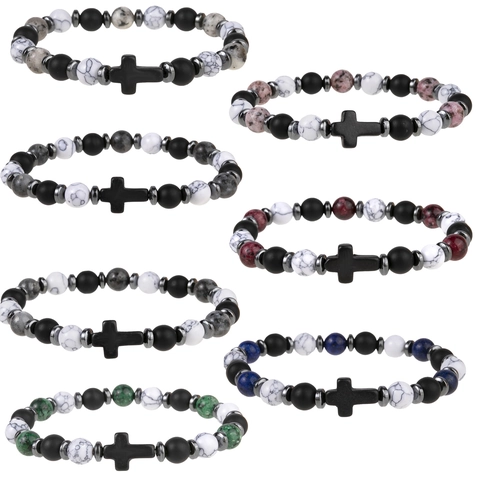 Beaded Bracelet Natural Stone Hematite Turquoise Cross Pendant Elastic Religious Retro Style Unisex