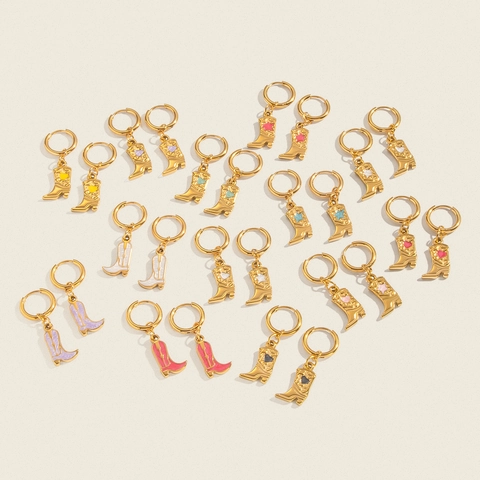 Cowboy Boot Dangle Hoop Earrings Stainless Steel 18K Gold Plated Enamel Western Fashion For Women Hypoallergenic