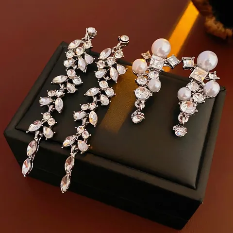 Eleganti Orecchini Pendenti Con Nappa A Foglia Per Donna Con Perno In Argento Rame Strass Intarsiato Perla Artificial Finta Gioielli