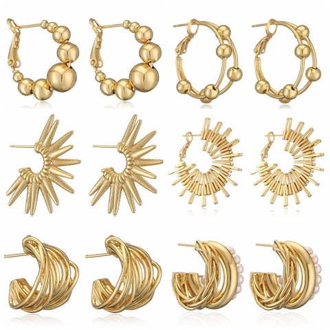 Pendientes de Aro en C de Cobre Chapado en Oro Vintage para Mujer Elegantes Pendientes de Botón Geométricos con Strass y Perla Artificial