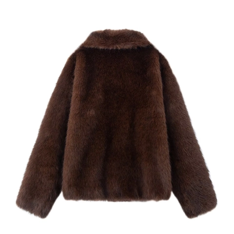 Women Casual Faux Fur Suede Splicing Jacket Winter Warm Reversible Coat Lapel Single Breasted Short Outerwear Solid Brown