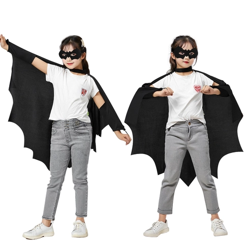 Black Bat Wing Cloak And Mask Polyester Costume For Kids Halloween Party Cosplay Performance Superhero Style