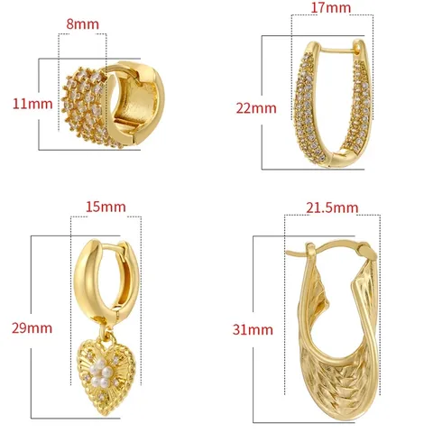 Vintage Huggie Hoop Earrings Brass 18K Gold Plated Heart Artificial Pearl Micro Pave Zircon Geometric Jewelry For Women