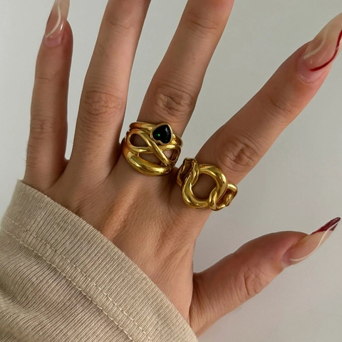 18K Gold Plated 316L Stainless Steel Zirconia Heart Ring Vintage O-Chain Link Minimalist Rings For Women Jewelry Gift