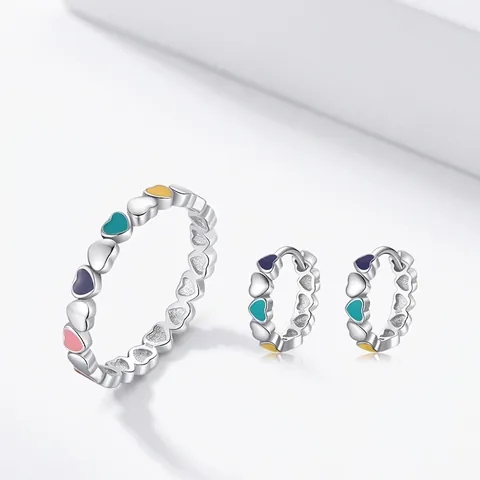 925 Sterling Silber Regenbogen Emaille Herz Ring Und Creolen Für Frauen Süßer Trendiger Modeschmuck