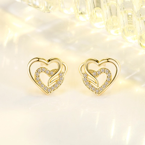 Double Heart Stud Earrings Exquisite Copper Hollow Heart Micro-set Zircon Elegant Jewelry For Women