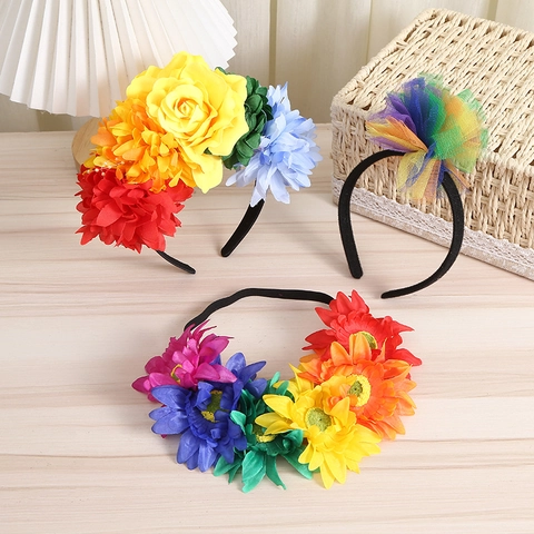 Cerchietto Con Fiori Artificiali Arcobaleno Tessuto Rete Simulazione Floreale Stile Bohémien Per Accessori Capelli Vacanze