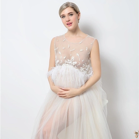 Positie Fotografie Jurk Kant Mesh Veer Borduurwerk Mouwloos Gown Voor Fotoshoot Zwangere Vrouwen Romantisch Elegant