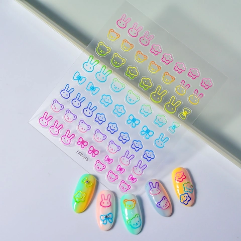 Autocollants Ongles 3D Relief Imperméable Macaron Arc-en-ciel Dégradé Lapin Ours Étoile Nœud Décalcomanies Manucure DIY Auto-adhésif