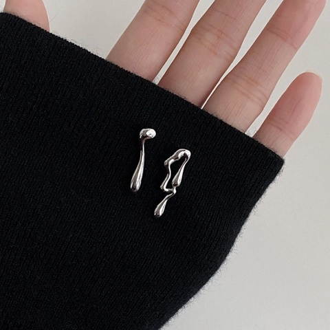 Pendientes De Botón Geométricos Asimétricos Con Poste De Plata Estilo Metal Líquido Joyería Minimalista Irregular Para Mujer