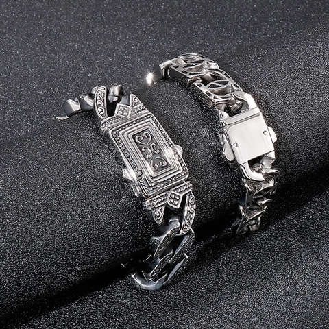 Herren Retro Punk 316L Edelstahl Armband Mit Geschnitztem Weinreben Geometrischem Muster Rechteckigem Verschluss Kette