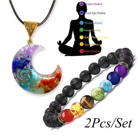 Chakra Healing Necklace And Bracelet Natural Crystal Crushed Stone Resin Orgonite Lava Stone Meditation Yoga Moon Pendant