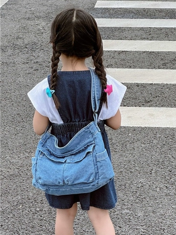 Kids Crossbody Bag Washed Denim Retro Large Capacity Multi Pocket Shoulder Messenger For Boys Girls Casual Vintage Fashion
