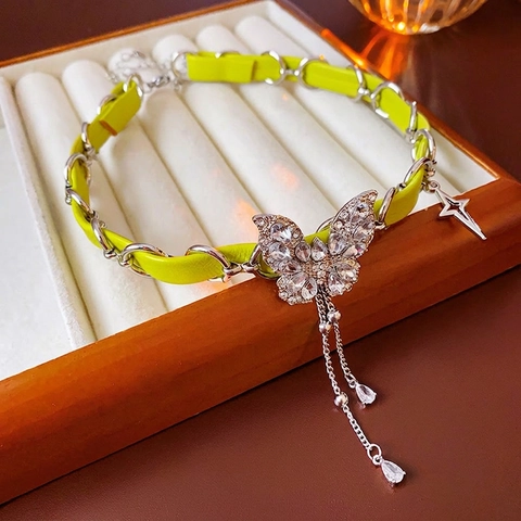 Legering Strass Vlinder Ster Choker Ketting Leer Kwastje Elegant Mode Sieraden Voor Vrouwen