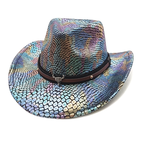 Cappello Da Cowboy Occidentale Motivo Scaglie Iridescenti Tesa Larga Metallico Retro Decoro Teschio Di Toro Festa Halloween Per Uomini Donne