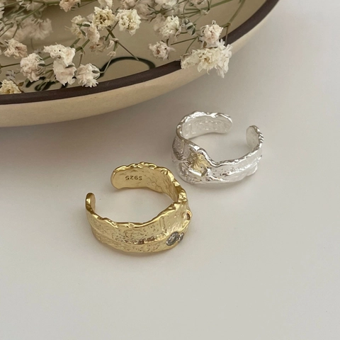 Irregular Lava Texture 925 Sterling Silver Ring Adjustable Open Band Minimalist CZ Inlaid Niche Design Gift For Women