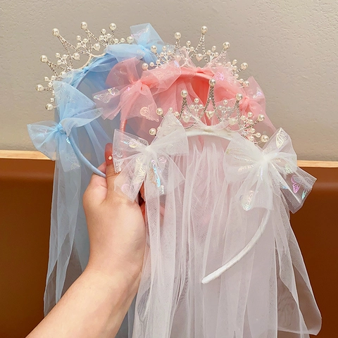 Kinderen Meisjes Prinses Kroon Haarband Met Lange Sluier Glinsterende Strik Feest Haaraccessoires