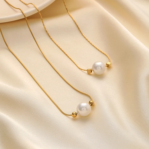 Collana Minimalista Con Perla Artificial Singola Per Donna Placcata In Oro 18K Acciaio Inossidabile Catena A Serpente Choker Elegante