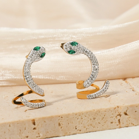 Emerald Green Zircon Snake Earrings And Heart Necklace Gold Plated Stainless Steel Geometric Dangle Jewelry Elegant Women