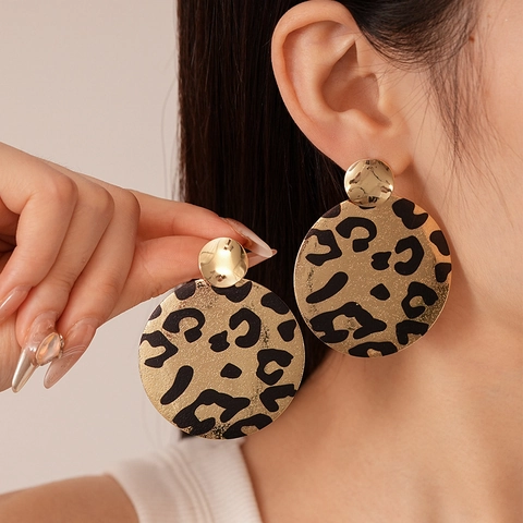 Round Leopard Print Metallic Earrings With Silver Earring Post Exaggerated Geometric Jewelry For Women