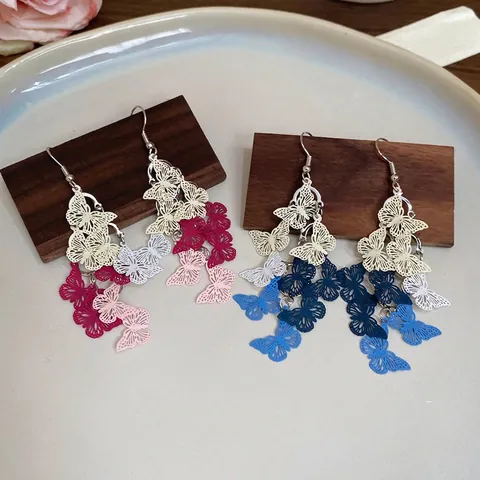 Hollow Butterfly Tassel Dangle Earrings With Silver Earring Post Gradient Color Elegant Sweet Jewelry For Women