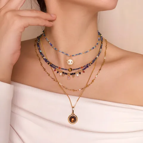 Vintage Natural Stone Crystal Beaded Necklace Set Handmade Stainless Steel Copper Layered Evil Eye Sun Pendant Necklace For Women