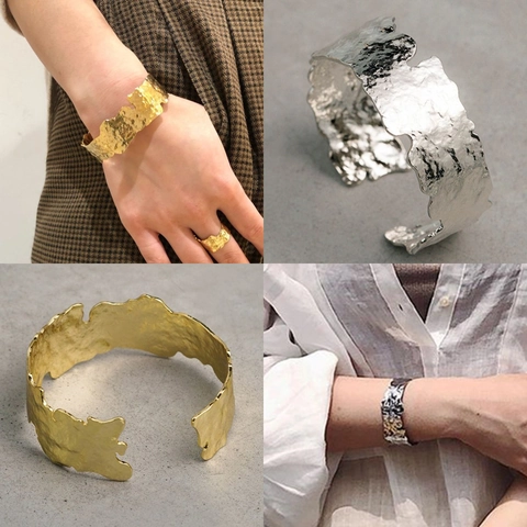 Bracelet Manchette En Métal Plissé Irrégulier Pour Femmes Texture De Lave Martelée Jonc Ouvert Ajustable Bijoux