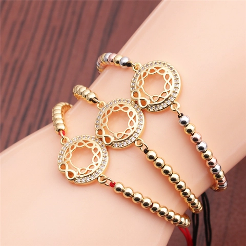 Infinity Symbol Bracelet Copper With Zircon Inlaid Adjustable Rope Metal Bead Chain Fashion Jewelry Women