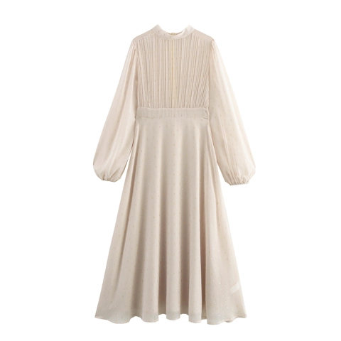 Franse Elegante Geplooide Maxi-Jurk Chiffon Lange Lantaarnmouwen Hoge Taille Metaaldraad Gouden Polkadots Opstaande Kraag