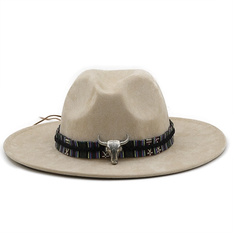 Western Cowboy Hat Suede Fabric Bull Head Decor Ethnic Band Wide Flat Brim Fedora For Men Women Retro Style Sun Protection