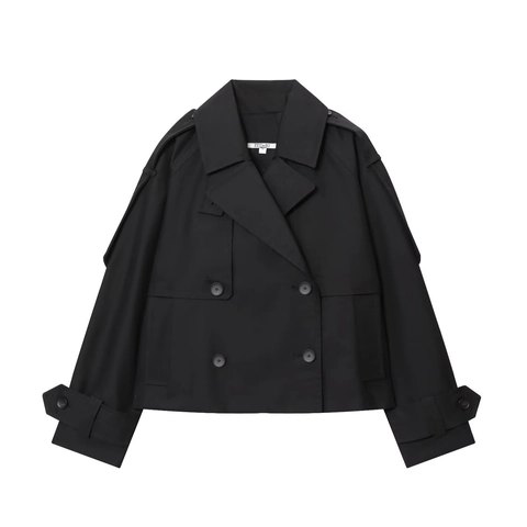 Women Short Trench Coat Double Breasted Water Repellent Lapel Solid Color Polyester Lightweight Outerwear Jacket