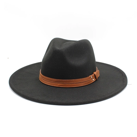 Classic Wide Brim Fedora Hat Woolen Felt Jazz Cap With Faux Leather Band And Metal Rivets Vintage Style For Men Women