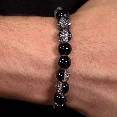 Black White Glass Beaded Bracelet Men Cracked Pattern Elastic Wristband Fashionable Minimalist Jewelry Accessory