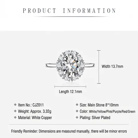 Oval Gemstone Halo Ring Cupronickel Cubic Zirconia Adjustable Open Size Elegant Wedding Fashion Jewelry For Women
