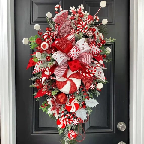 Weihnachts Süßigkeiten Umgedrehter Baum Swag Künstlicher Kiefernkranz Mit Lutscher Ornamenten Rot Weißer Schleife Tür Wand Deko
