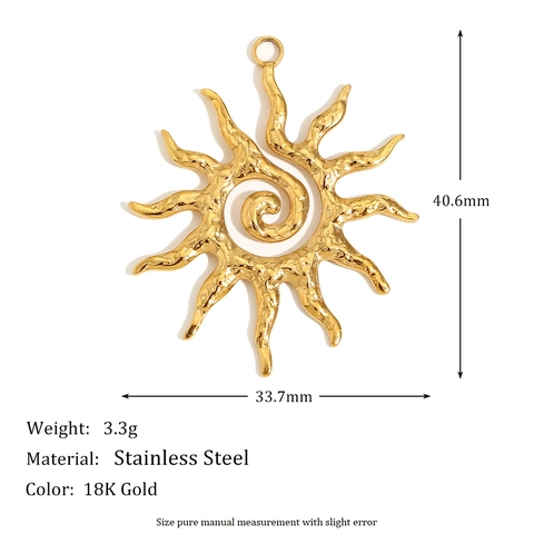Stainless Steel Sun Pendant With Spiral Center And Hammered Texture Vintage 18K Gold Plated DIY Jewelry Making Accessory For Women
