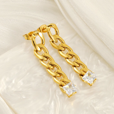 Gold Plated Stainless Steel Cuban Link Chain Drop Earrings For Women Geometric Square Zirconia Long Dangle Fashion Jewelry Earrings