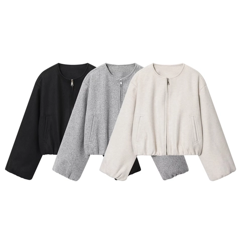 Women Short Bomber Jacket Blended Wool Felt Round Neck Zipper Solid Color Casual Cropped Outerwear