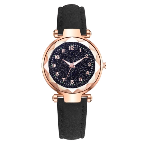 Montre À Quartz Pour Femmes Cadran Ciel Étoilé Verre Géométrique Analogique Bracelet En Cuir Mode Élégante