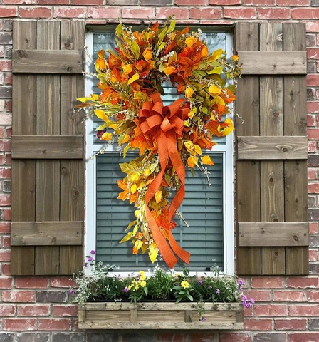 Autumn Maple Leaf Teardrop Wreath Artificial Fall Berries Decoration With Burlap Bow For Front Door Wall Harvest Home