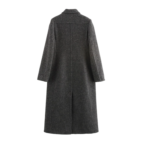 Manteau Long En Laine Pour Femmes Style Britannique Revers Simple Boutonnage Couleur Unie Vêtement Extérieur Élégant